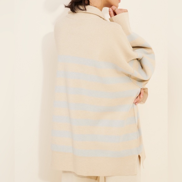 Free People Coastal Stripe Half-Zip Pullover in Beige and Light Blue - Picture 2 of 7